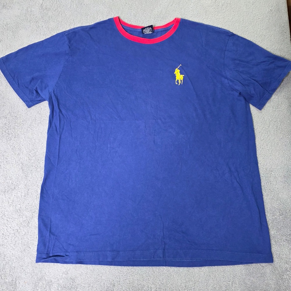 Polo Ralph Lauren Mens XL T-Shirt Blue Red Ringer Yellow Pony Logo Cotton Tee